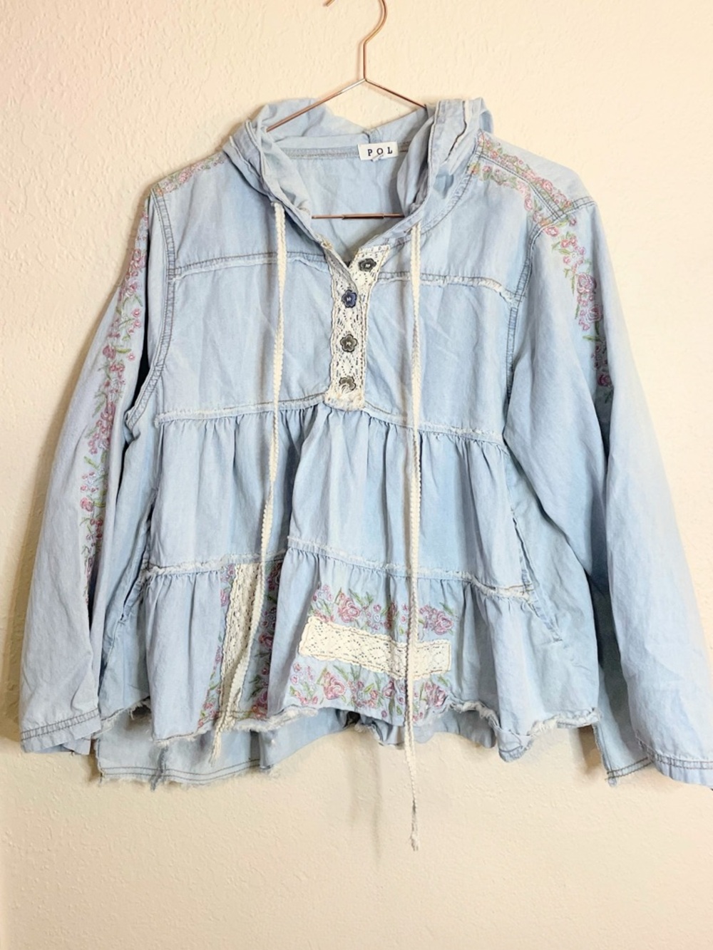 POL Embroidered Chambray Top with Hoodie Cottagecore Boho Cotton Small - Picture 3 of 12